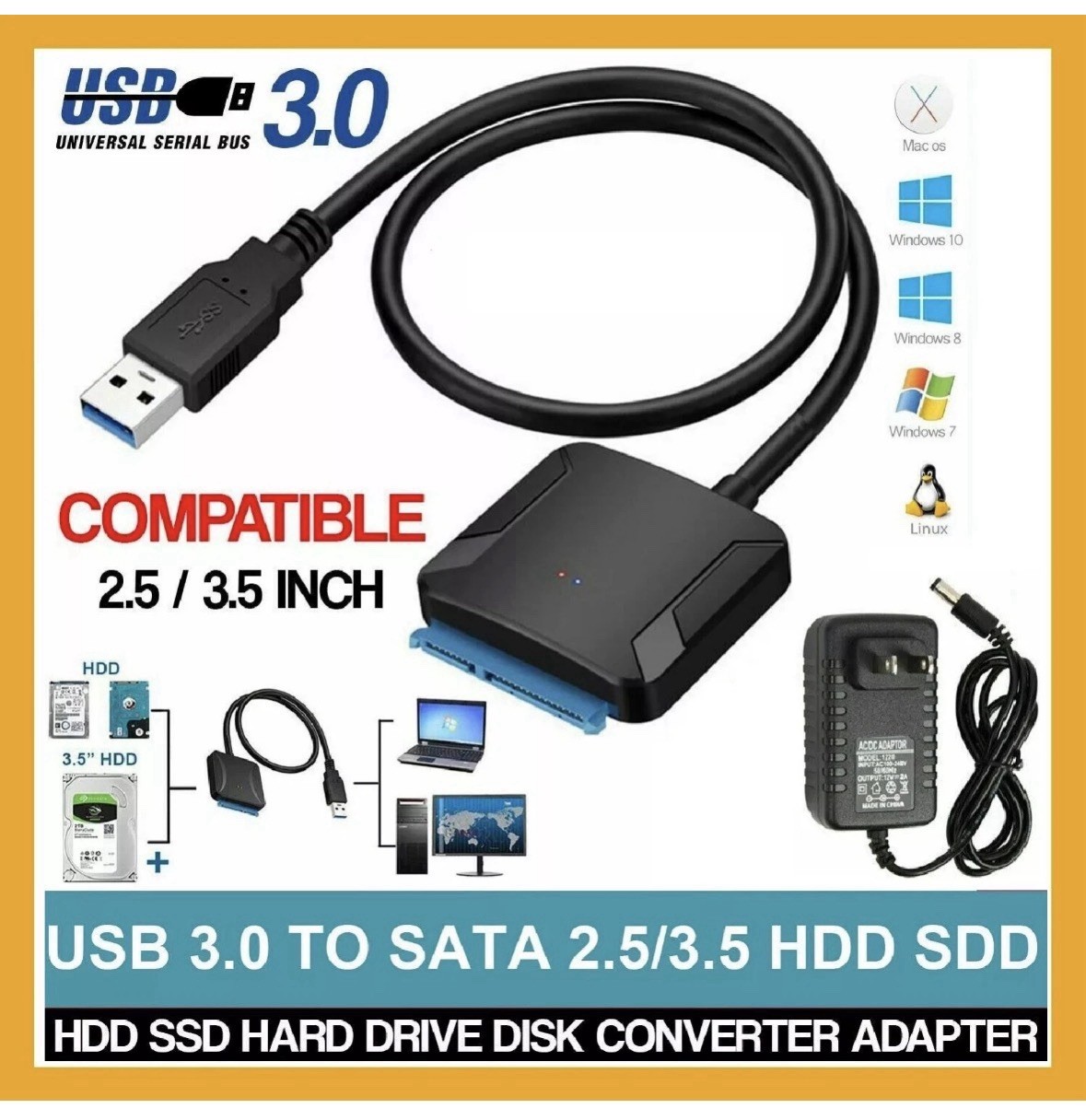 USB 3.0 - SATA III Adapter 2.5/3.5" SSD HDD Hard Drive w/ 12V/2A Power + USB-C