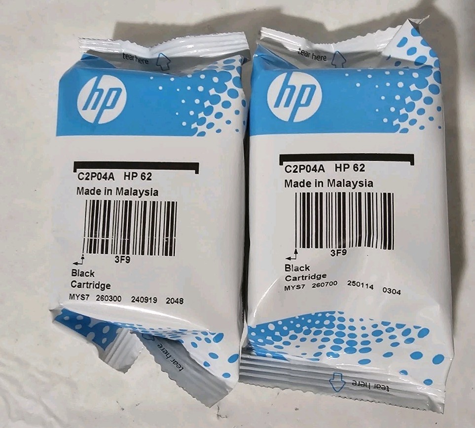 Brand New Sealed Set Of 2 Genuine HP 62 Black Ink Cartridge C2P04A