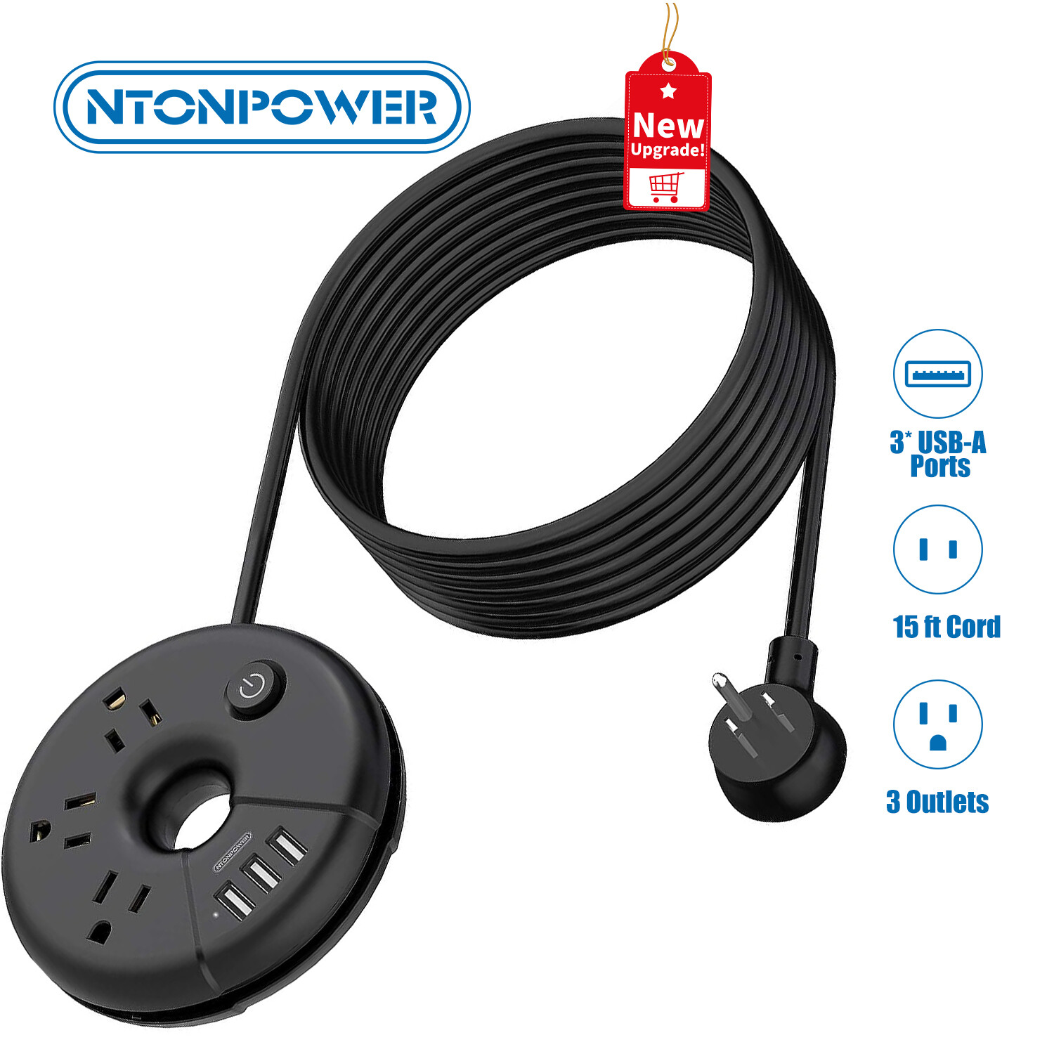 NTONPOWER Flat Plug Power Strip with 3Outlet 3USB Port 15FT Extension Cord
