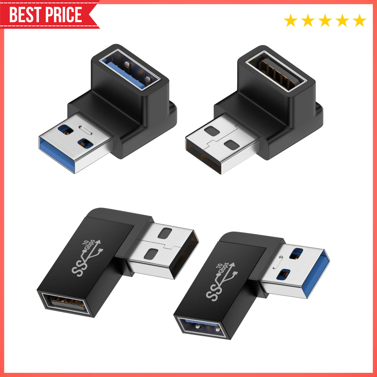 4 Pack 90 Degree USB 3.0 Adapter Male to Female Right Angle Extender Connector