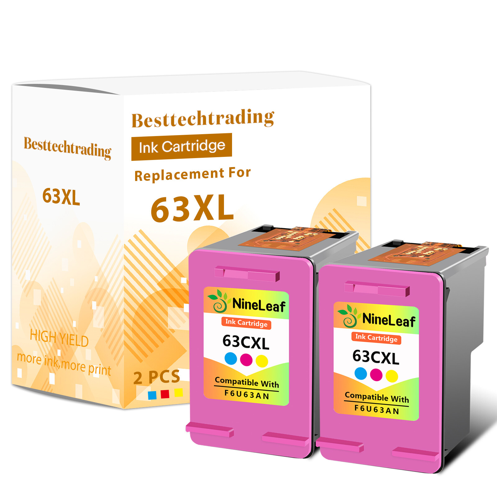 2Pk 63XL Tri-Color Ink for HP Envy 4512 4516 4520 4522 OfficeJet 3830 4650 5255