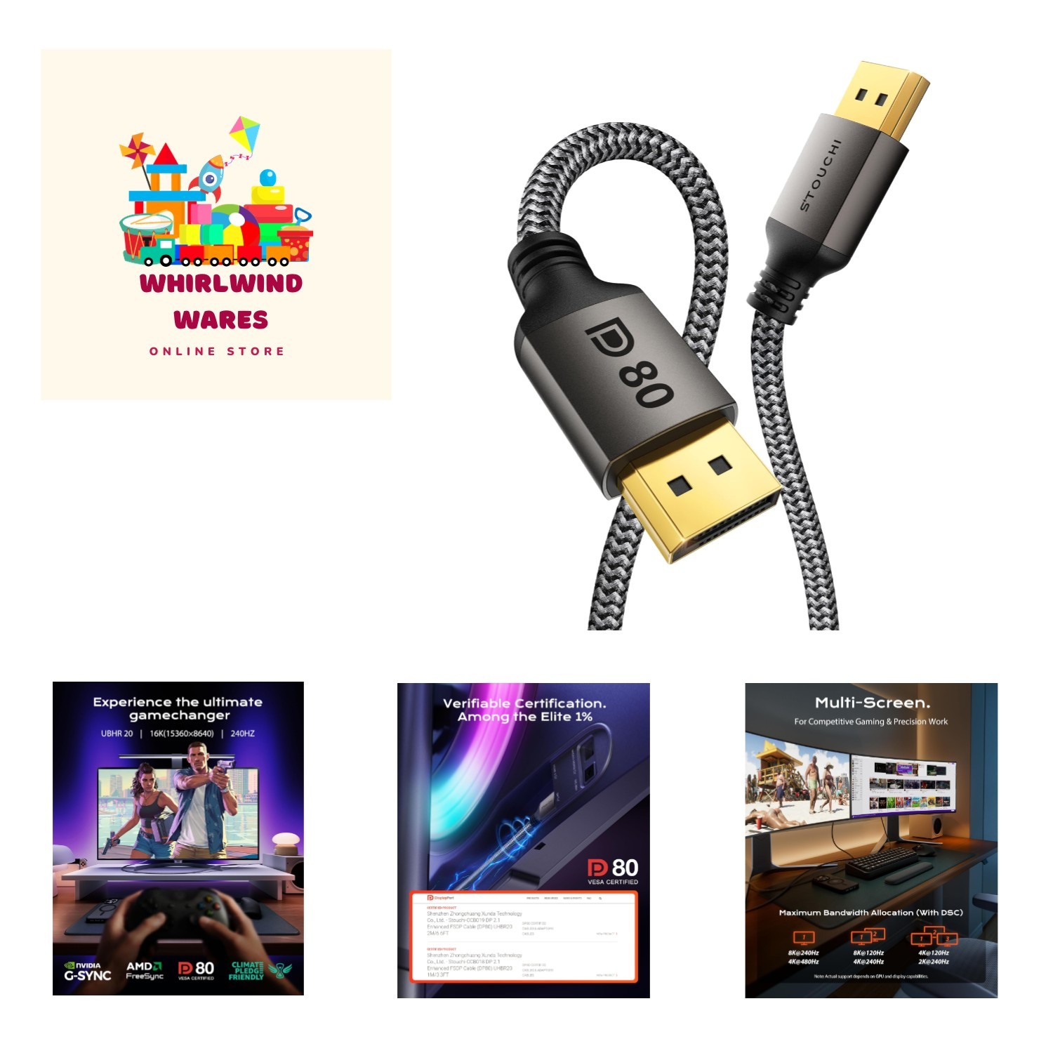 15FT Long DisplayPort 2.1 Cable 80Gbps UHBR20 Gaming Cord