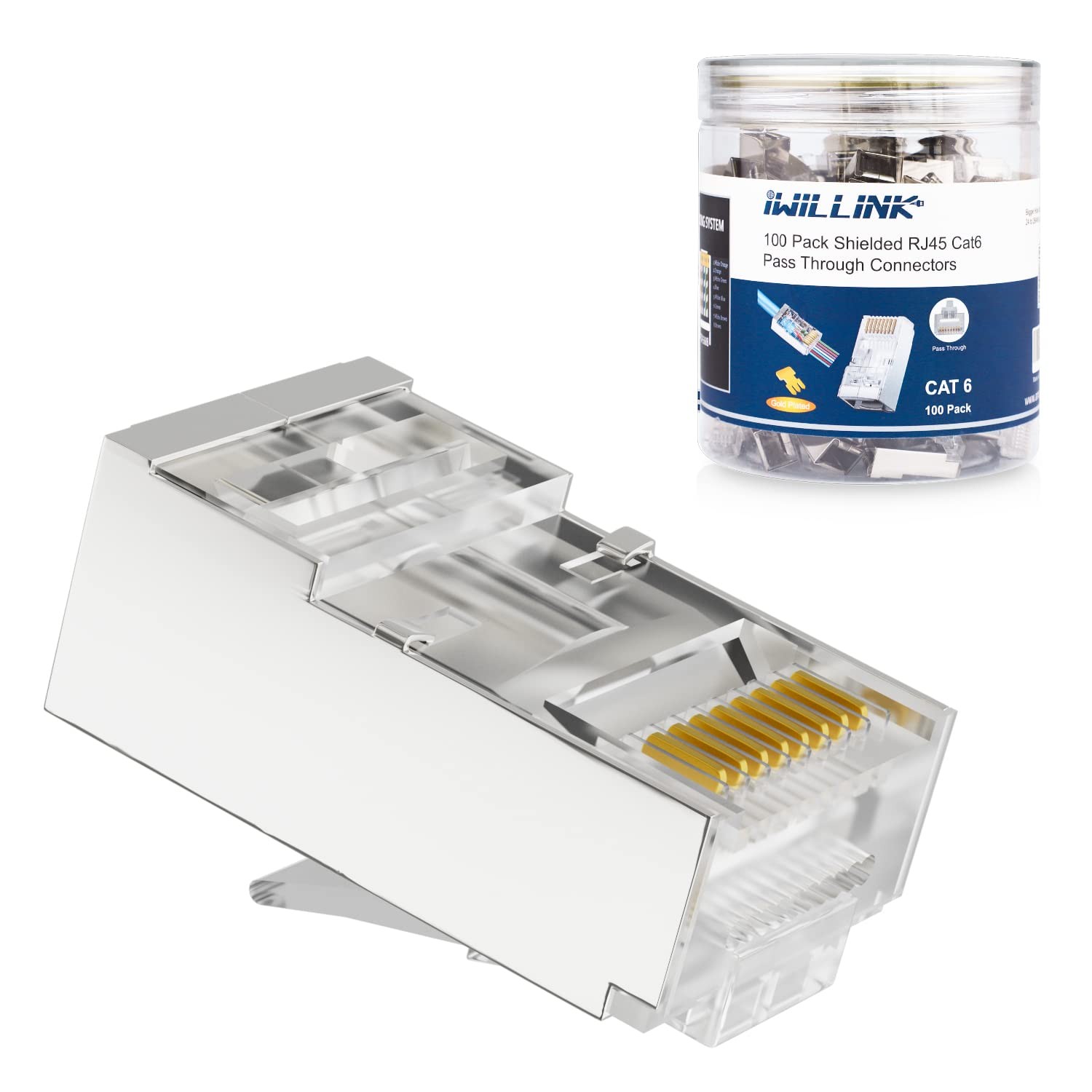 100-Pack Shielded RJ45 Cat6 Pass-Through Connectors, STP Crimp Modular Plugs,...