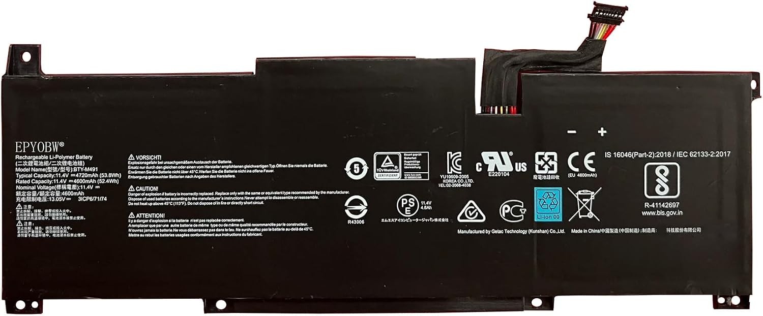 BTY M491 Black Connector Laptop Battery 52.4Wh 3ICP6 71 74 BTY M491 Black