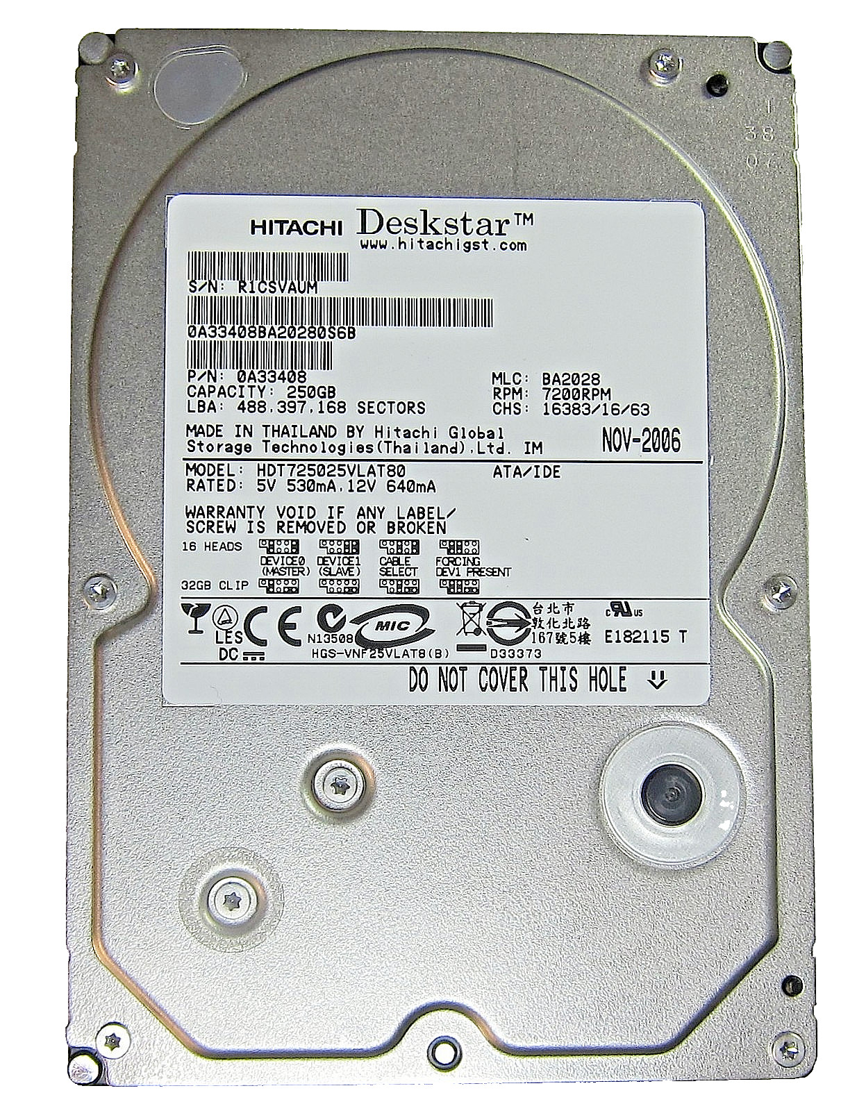 Genuine 250GB Hitachi Deskstar HDT725025VLAT80 3.5'' ATA/IDE Hard Drive