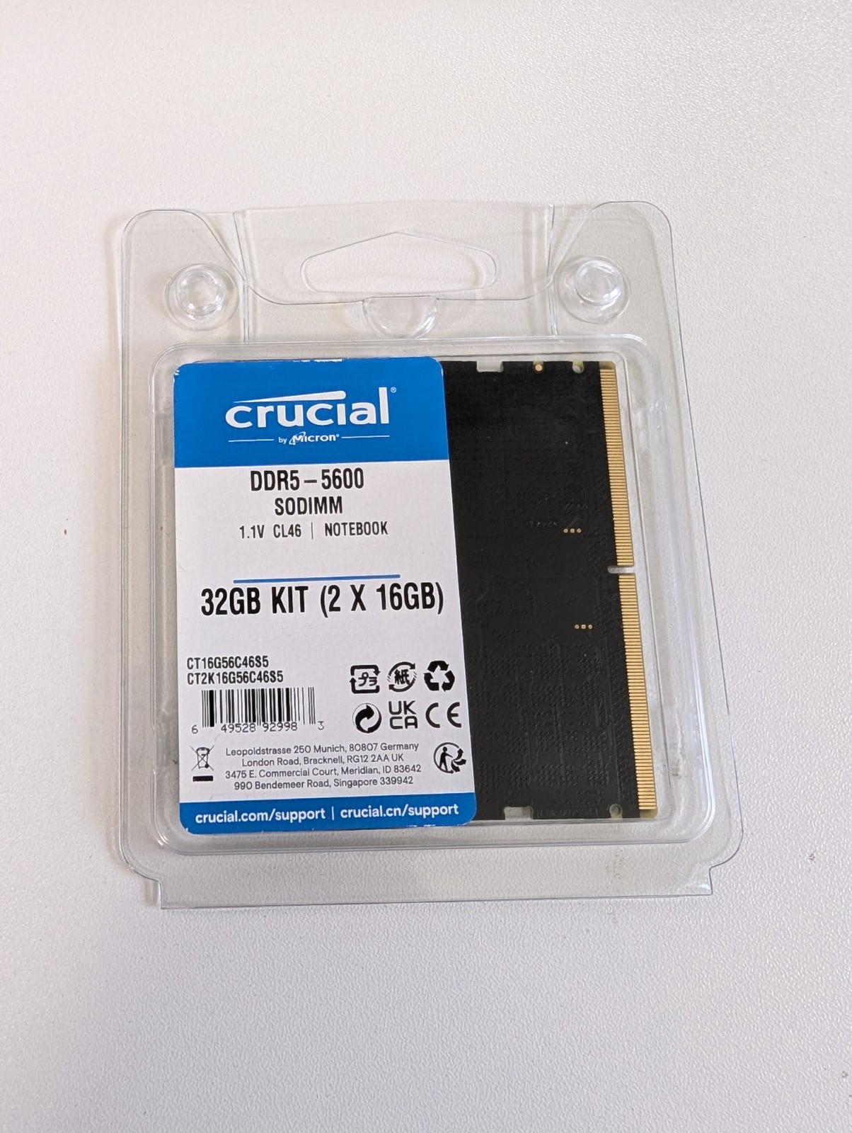 Crucial 32GB 2x16GB DDR5 5600 CL46 SO-DIMM Laptop Memory RAM XMP EXPO