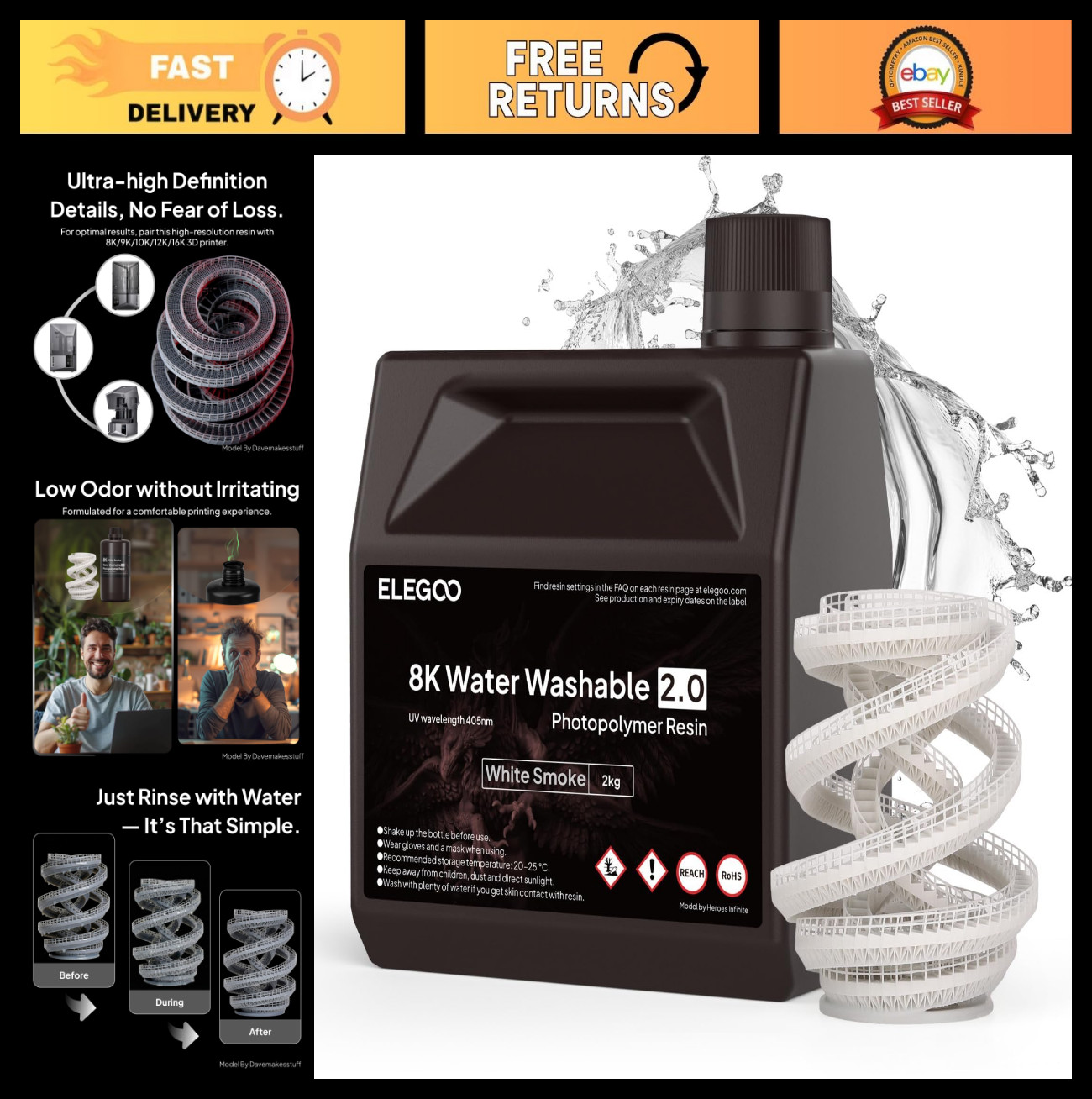 8K Water Washable 3D Printer Resin, High Precision, Low Viscosity, Tough, 2KG
