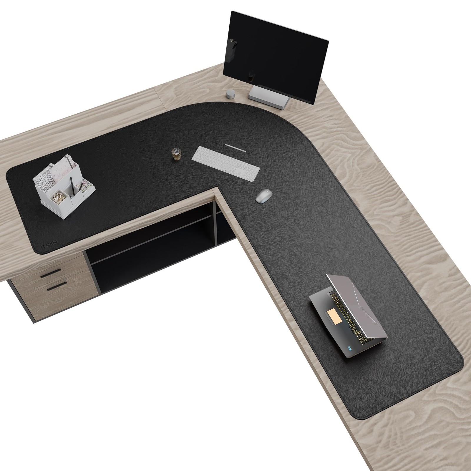 CENNBIE (62"+79") x 24" Black L Shaped Corner Reversible Leather Desk Mat