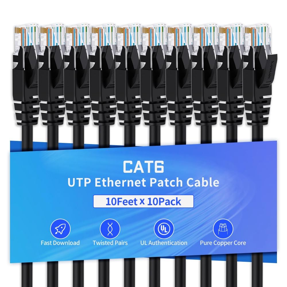 10 PCS Cat6 Ethernet Cable 10 FT Network RJ45 Internet Patch Cord Black