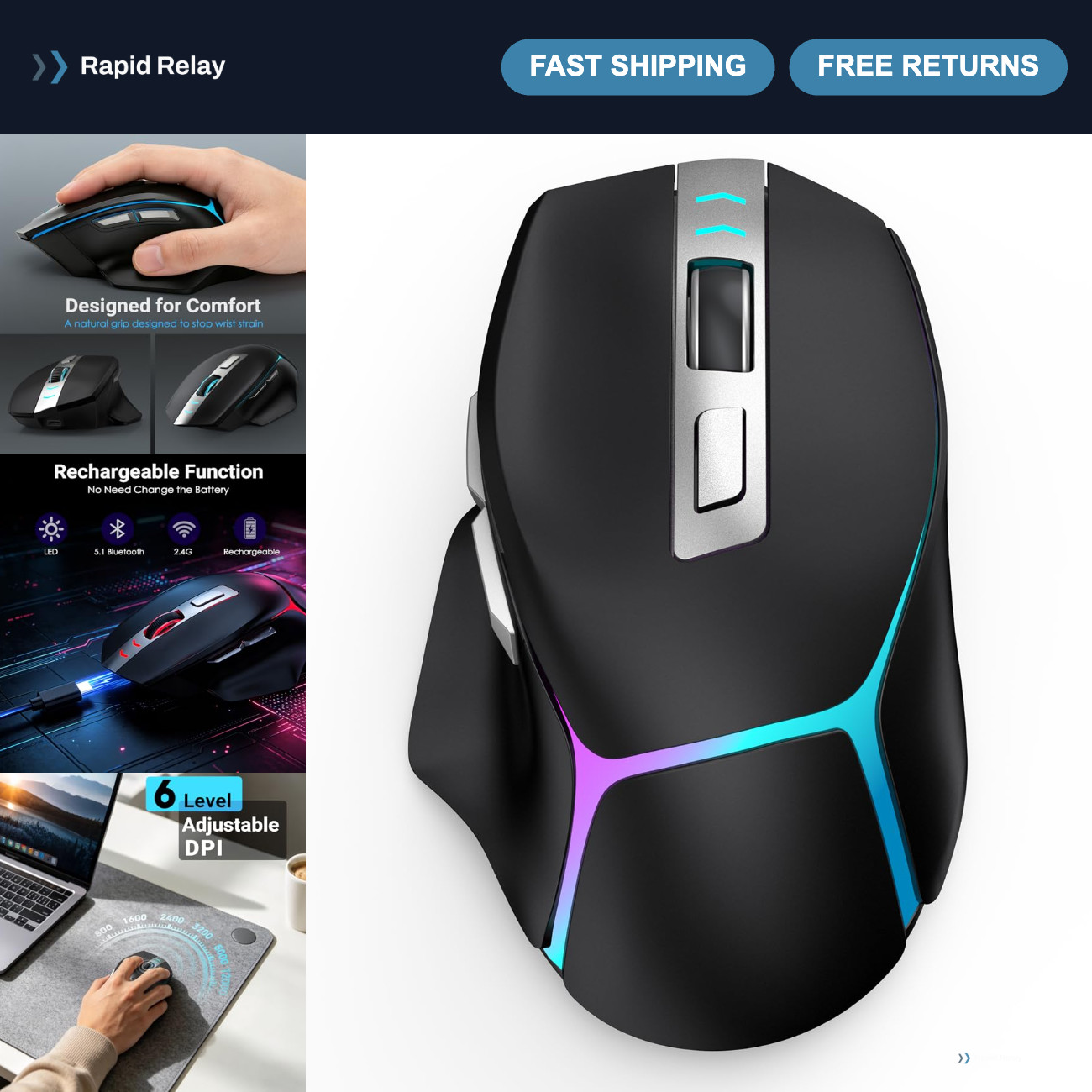 Wireless Gaming Mouse 12500 DPI RGB Ergonomic Tri-Mode Rechargeable for PC, Mac,