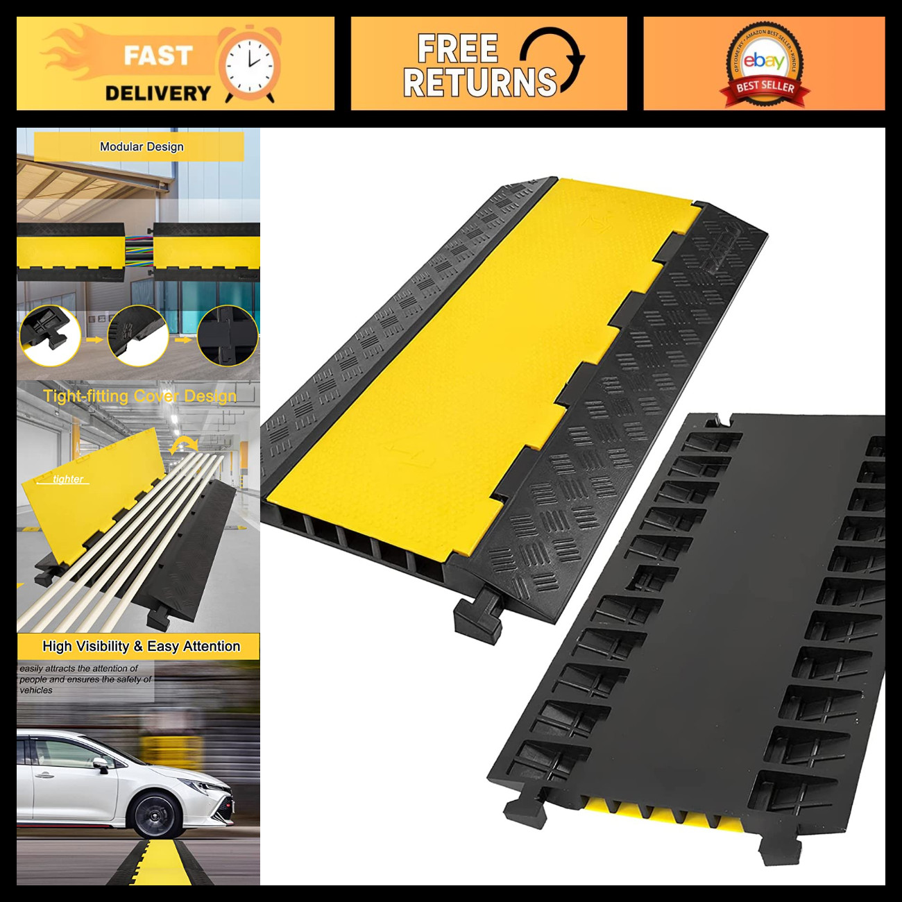 5 Channel Heavy Duty Cable Protectors Ramp - 2 Pack, 18000lbs Capacity, Rubber D