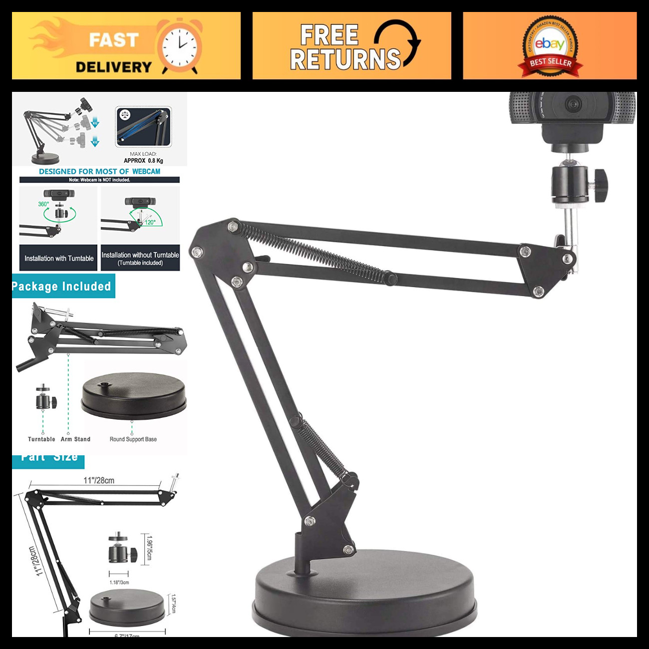 Adjustable Webcam Stand, 22" Scissor Arm Mount for C920, Hero 8/7/6/5, DSLR Came