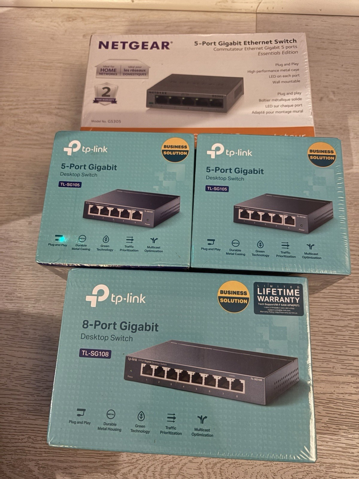 TP-Link & Netgear Gigabit Switch Bundle (4 Units) NEW Sealed 5-Port 8-Port