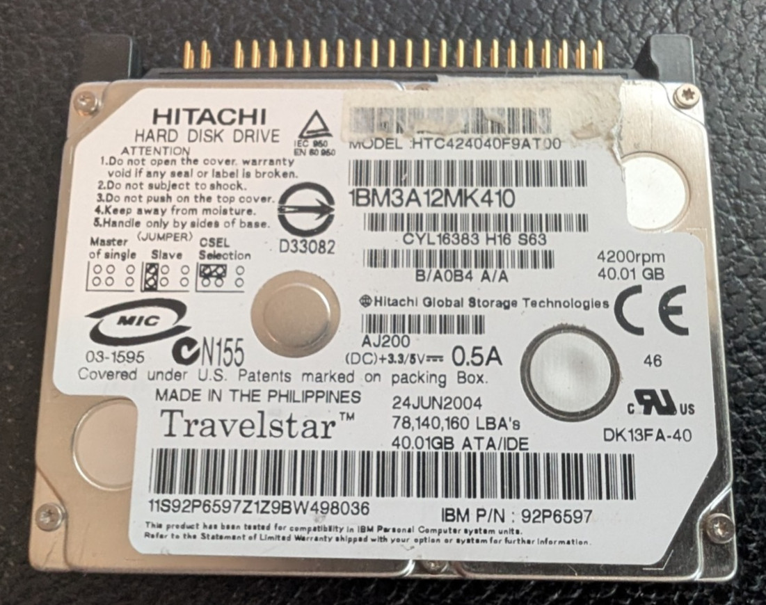 Hitachi 40GB HDD PATA 4200RPM 1.8" Hard Drive for Laptop 08k1541 HTC424040F9AT00