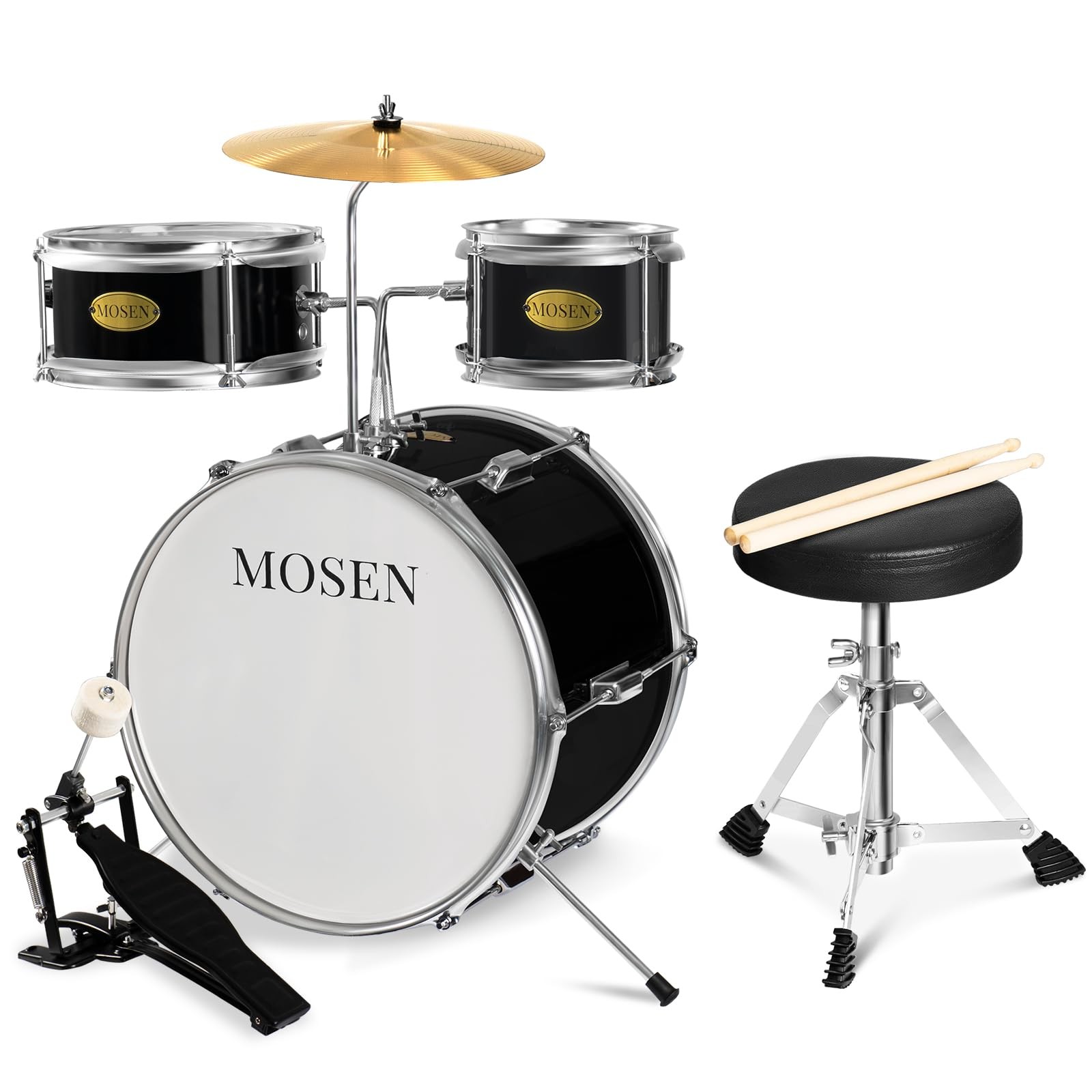 MOSEN 3 drums & 1 cymbal 14" Beginner Drum Set w/adjustable Throne, Sticks