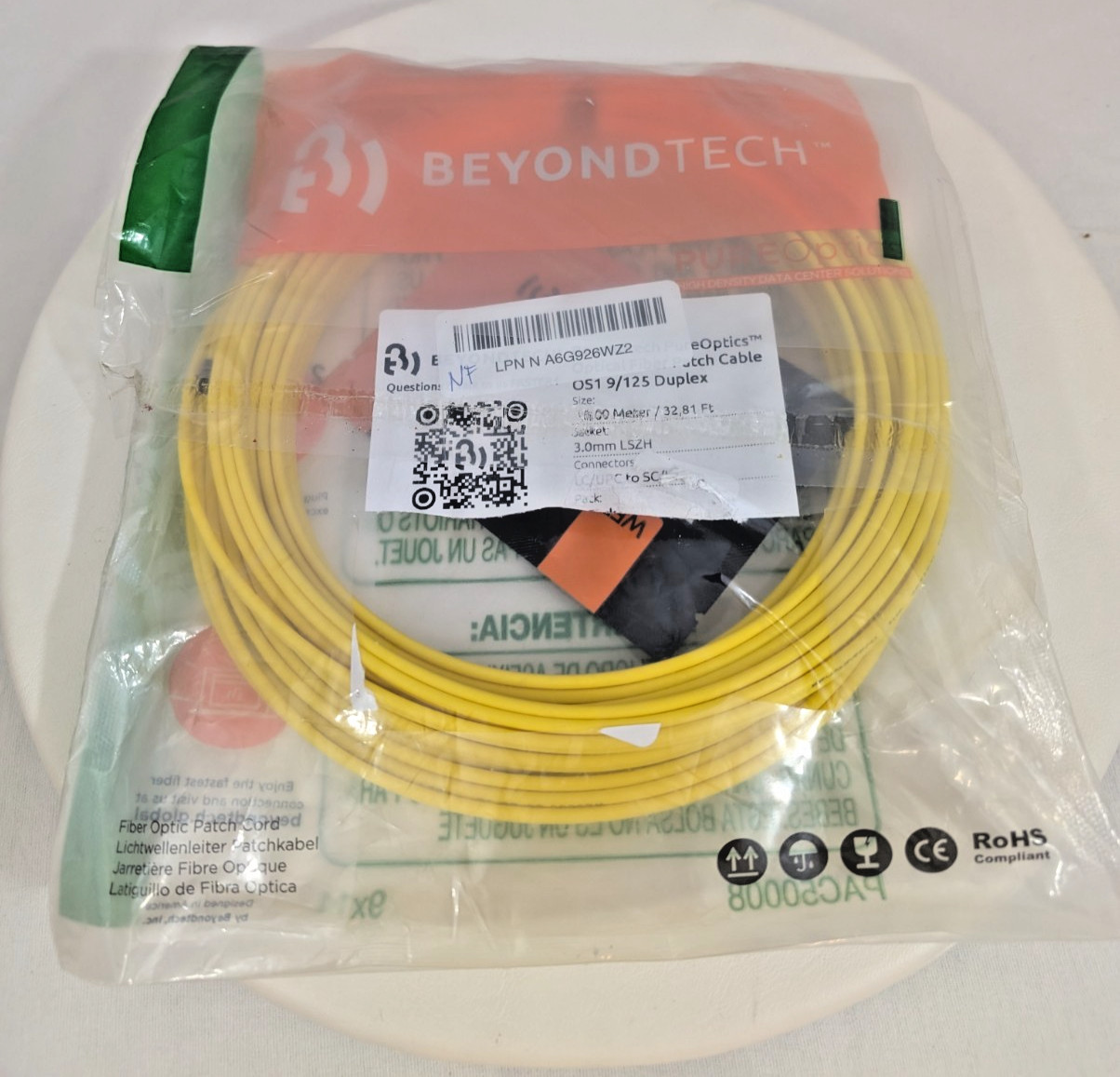 Beyondtech Fiber Optic Patch Cable OS1 9/125 Duplex LC/UPC to SC/UPC 10m 32.8ft