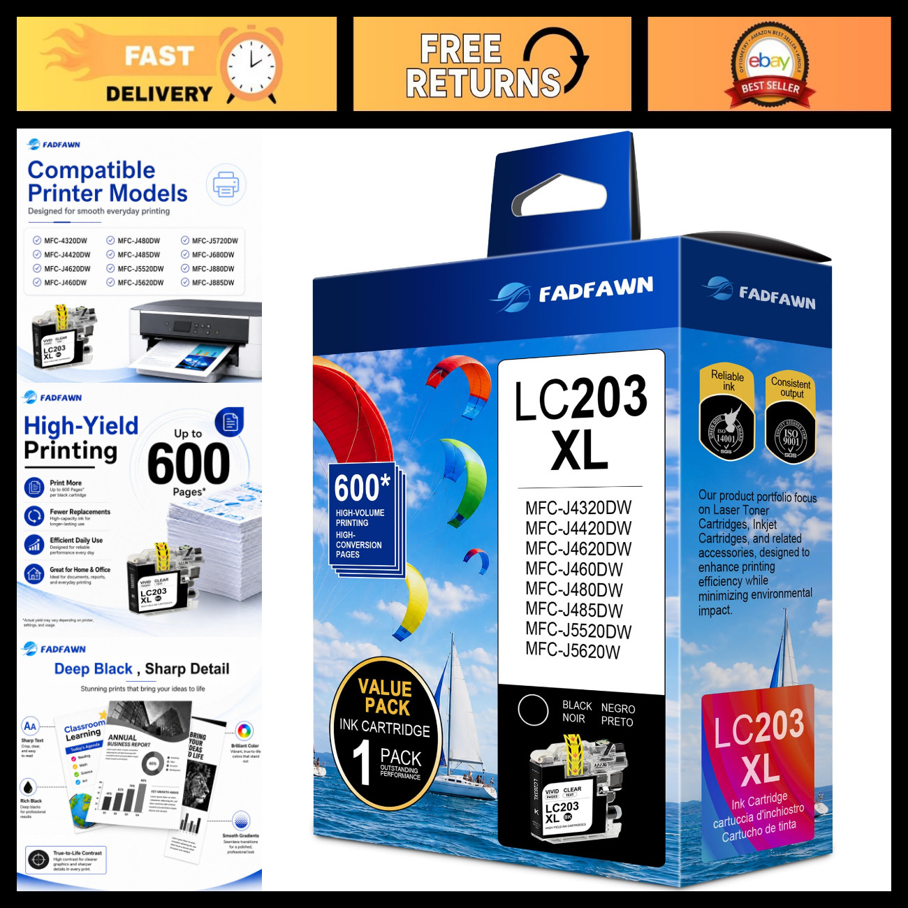 XL Black Ink Cartridges Replacement for Brother LC203 LC201 Printers - High Yiel