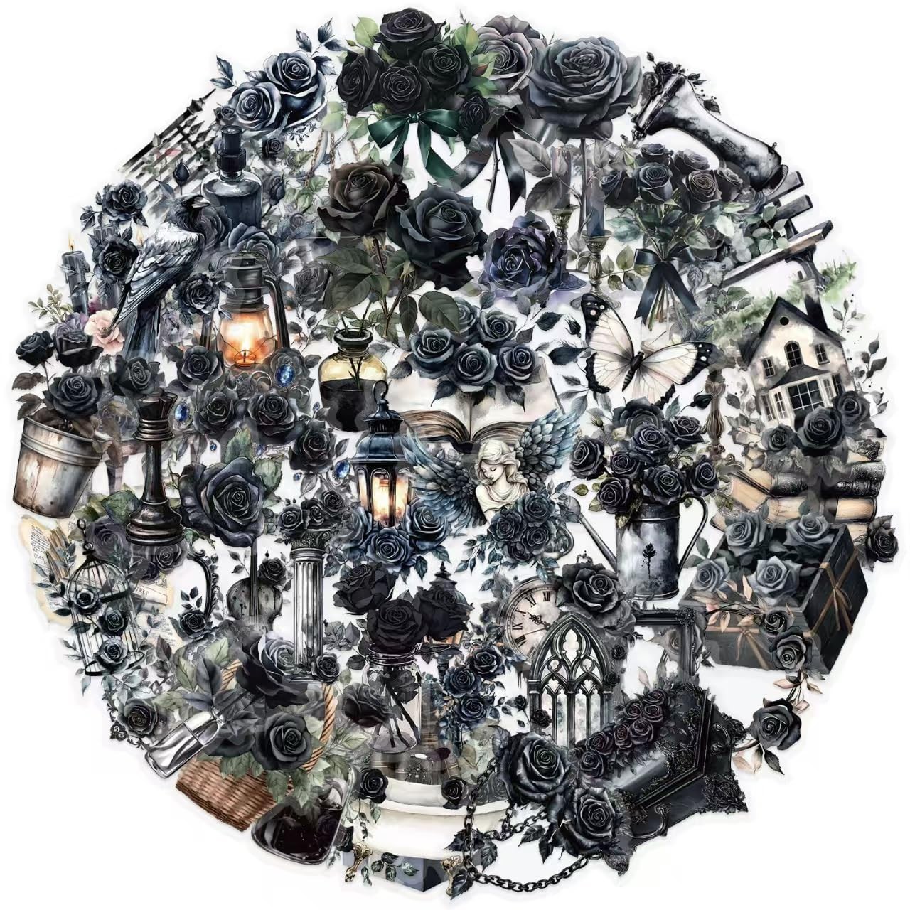50 Pcs Dark Aesthetic Gothic Transparent Stickers,Black Rose Flower 