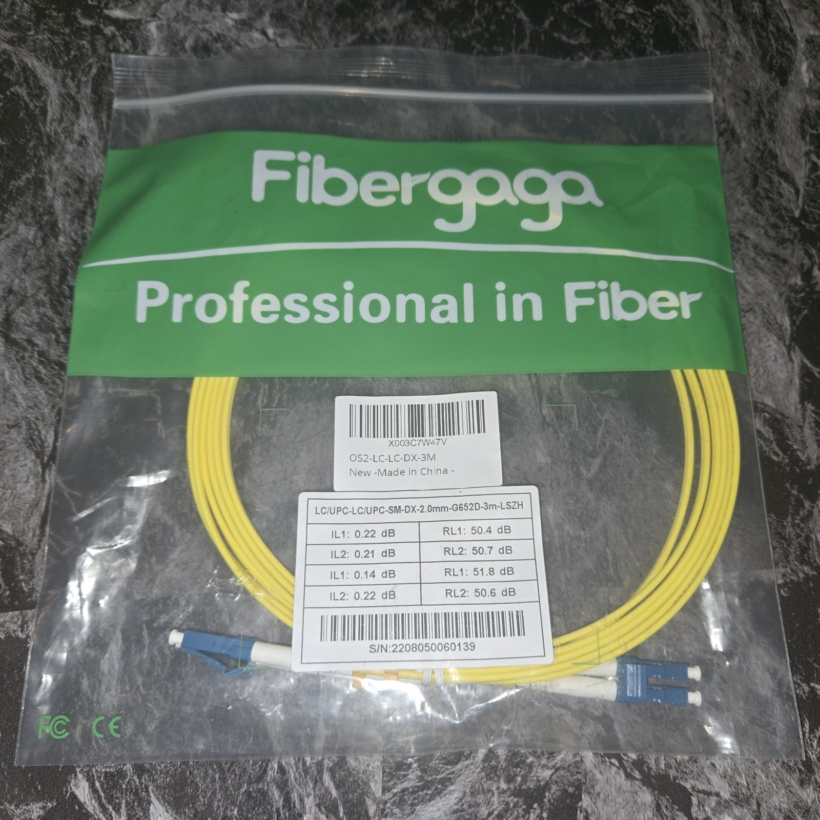 Fibergaga 3m OS2 LC/UPC to LC/UPC Fiber Patch Cable Multimode Duplex
