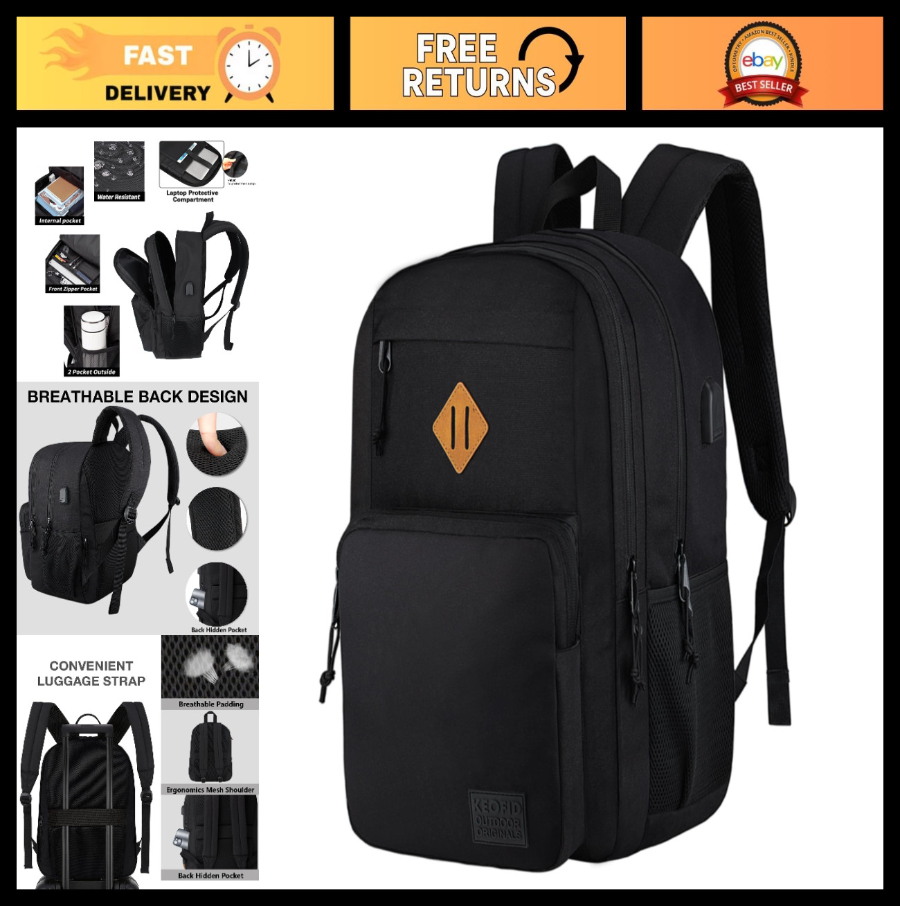 Anti-Theft Laptop Backpack with USB Charging, Water-Resistant Travel Bag for Col