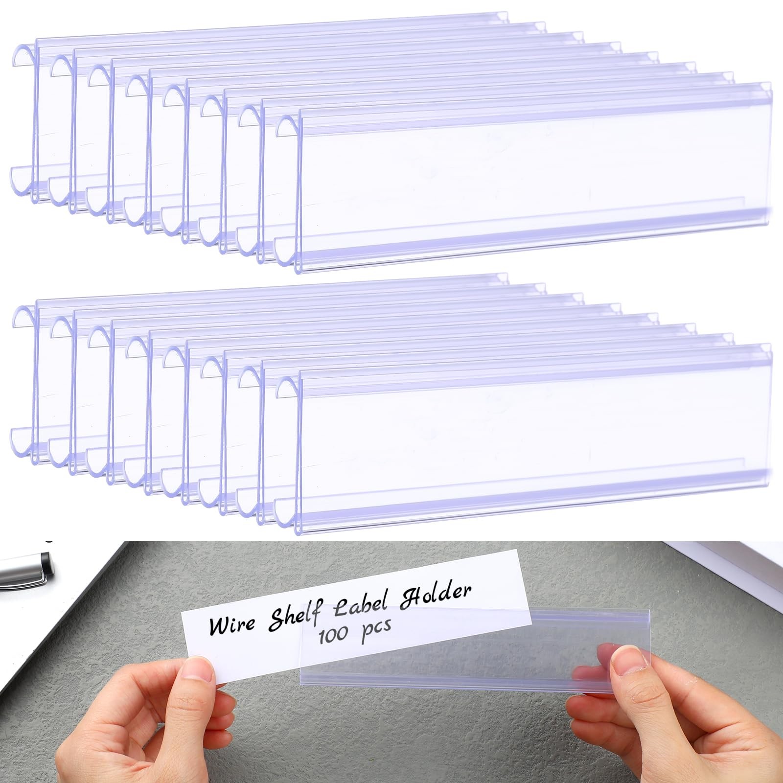 100pcs Wire Shelf Label Holders with 100pcs Paper Inserts 6in Lx1.25in Clear 4in