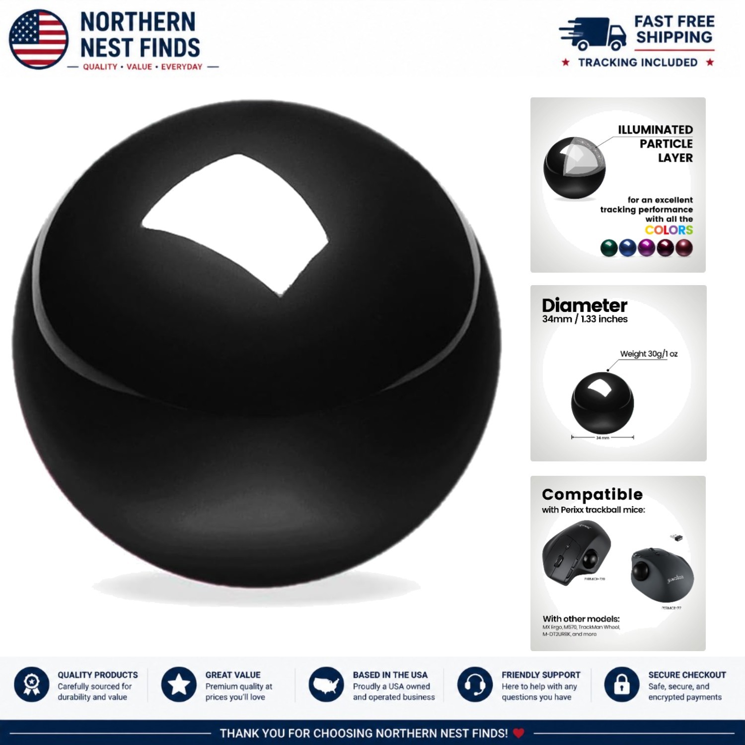 PERIPRO-303GBK 34mm Glossy Black Trackball for Seamless Multi-Screen Control