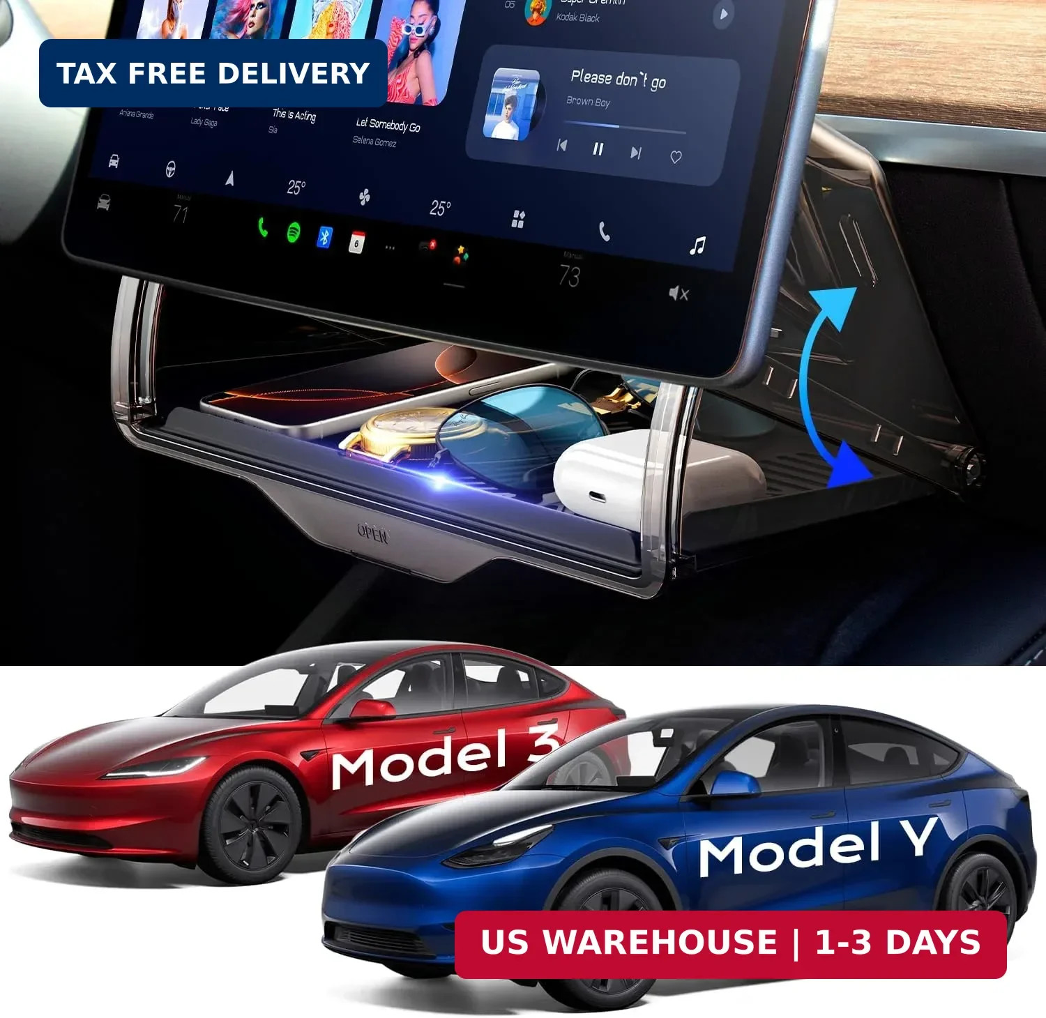 Hidden Under Screen Storage Box for Tesla Model Y Juniper & Model 3 Highl