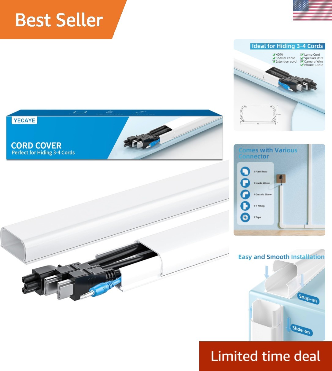 142in Wall Cord Hider for 3-4 Cords, On-Wall Cord Cover Channel, Cable Concea...