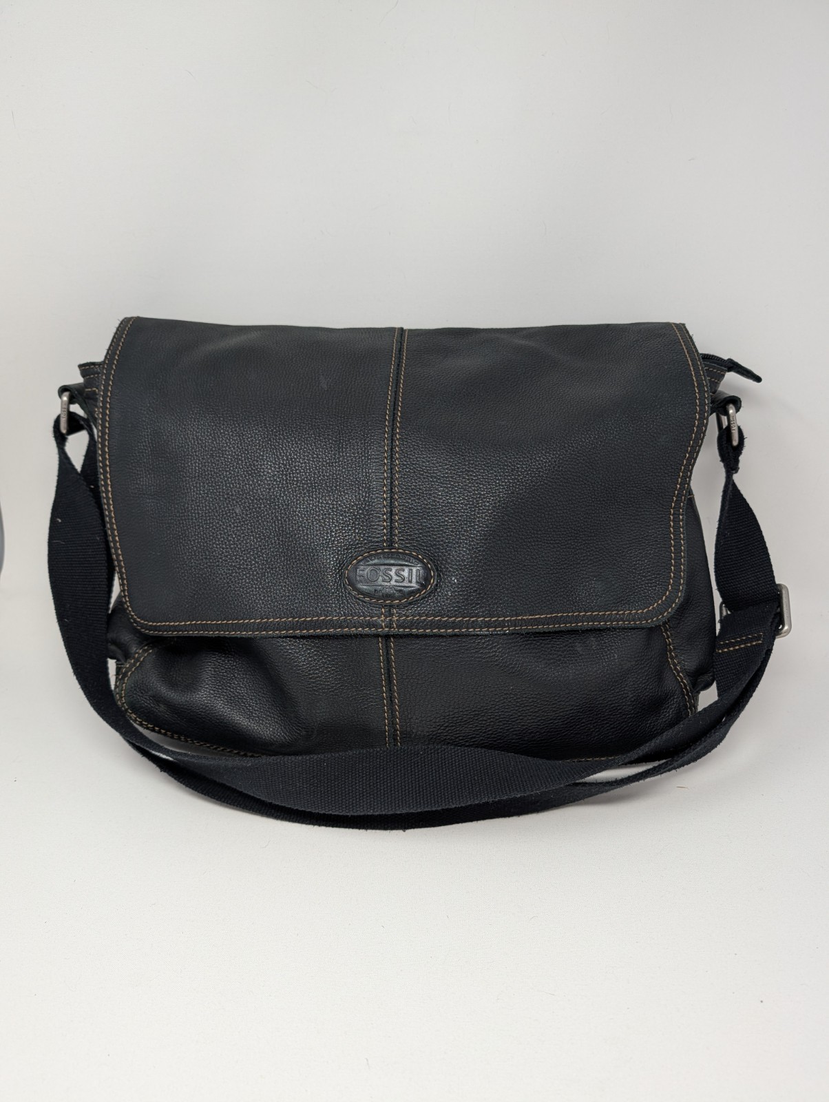 Vintage Fossil Black Leather Flap Large Crossbody Messenger Laptop Bag