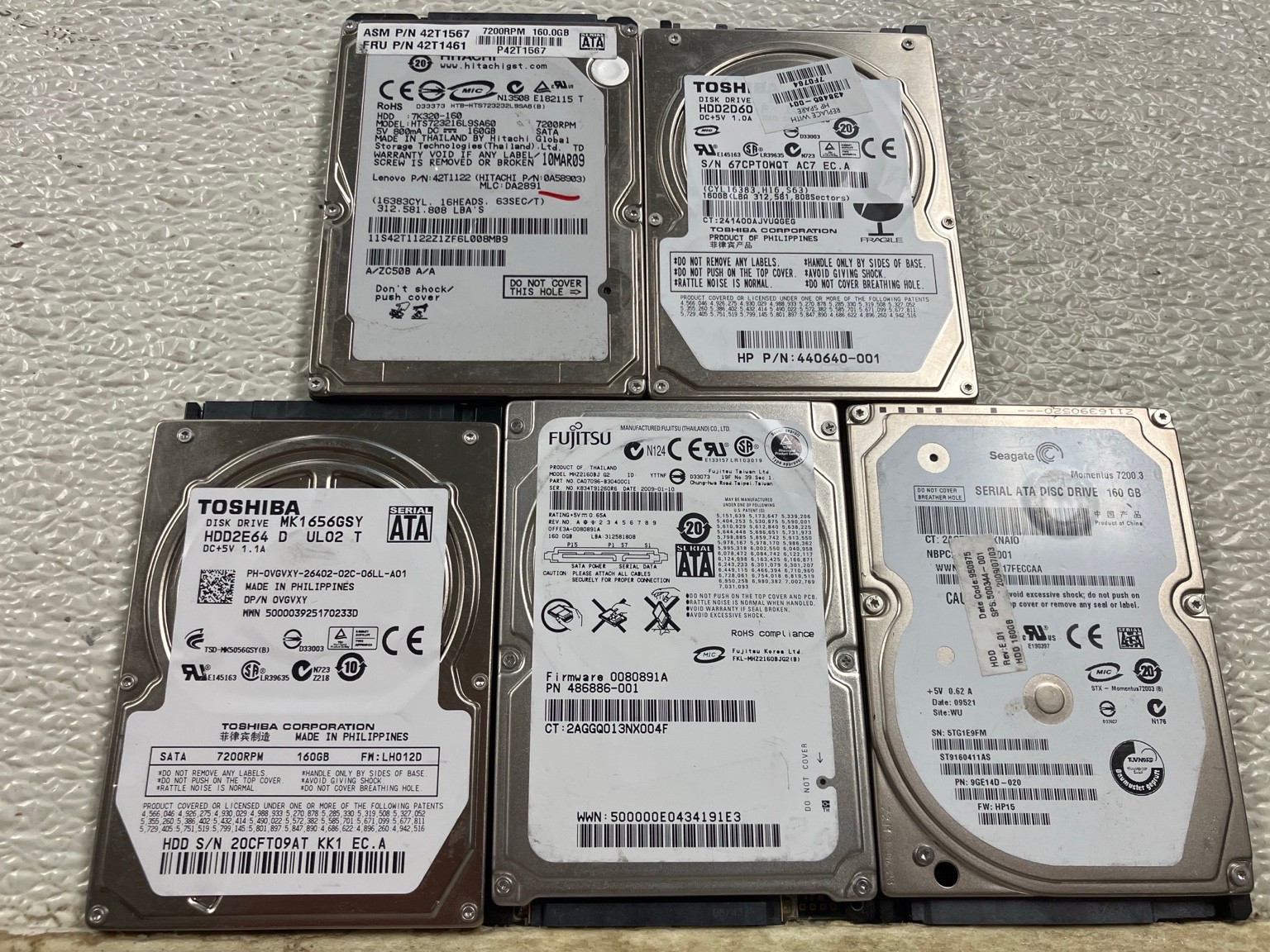 Lot of 5 160GB 2.5" SATA Laptop Hard Drives HDD 4x 7200RPM Tested Working