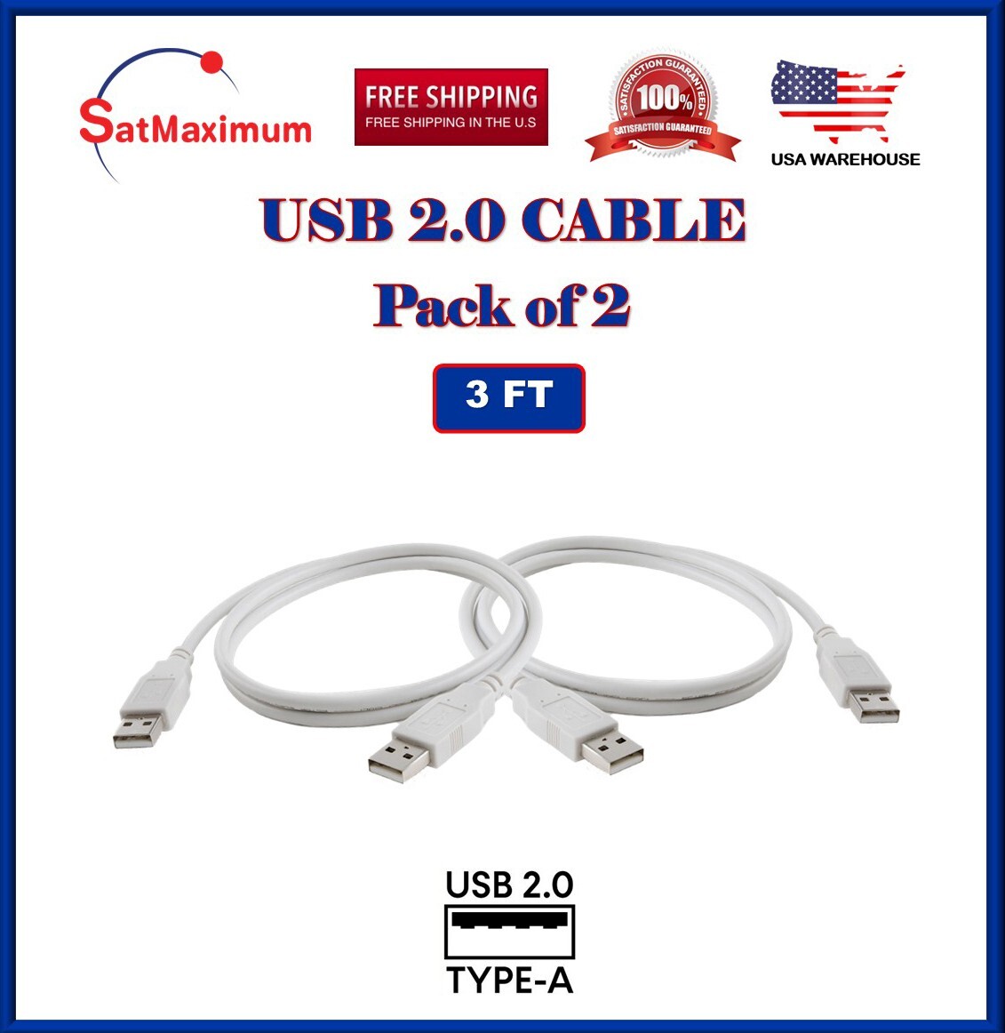 2-Pack – 3FT USB 2.0 Cable A-Male/A-Male High-Speed Data Transfer/Charging Cord