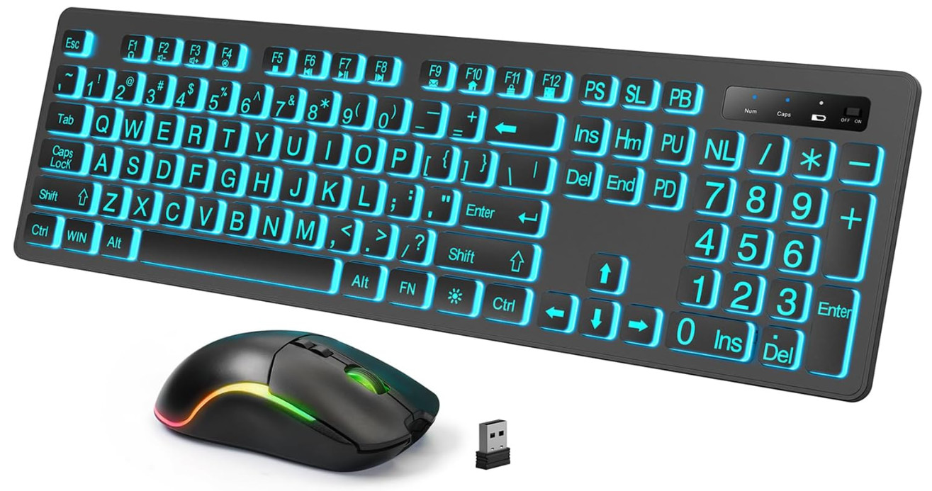 Large Print Wireless Keyboard and Mouse - 7 Colors Backlit Keyboard, Oversize Le