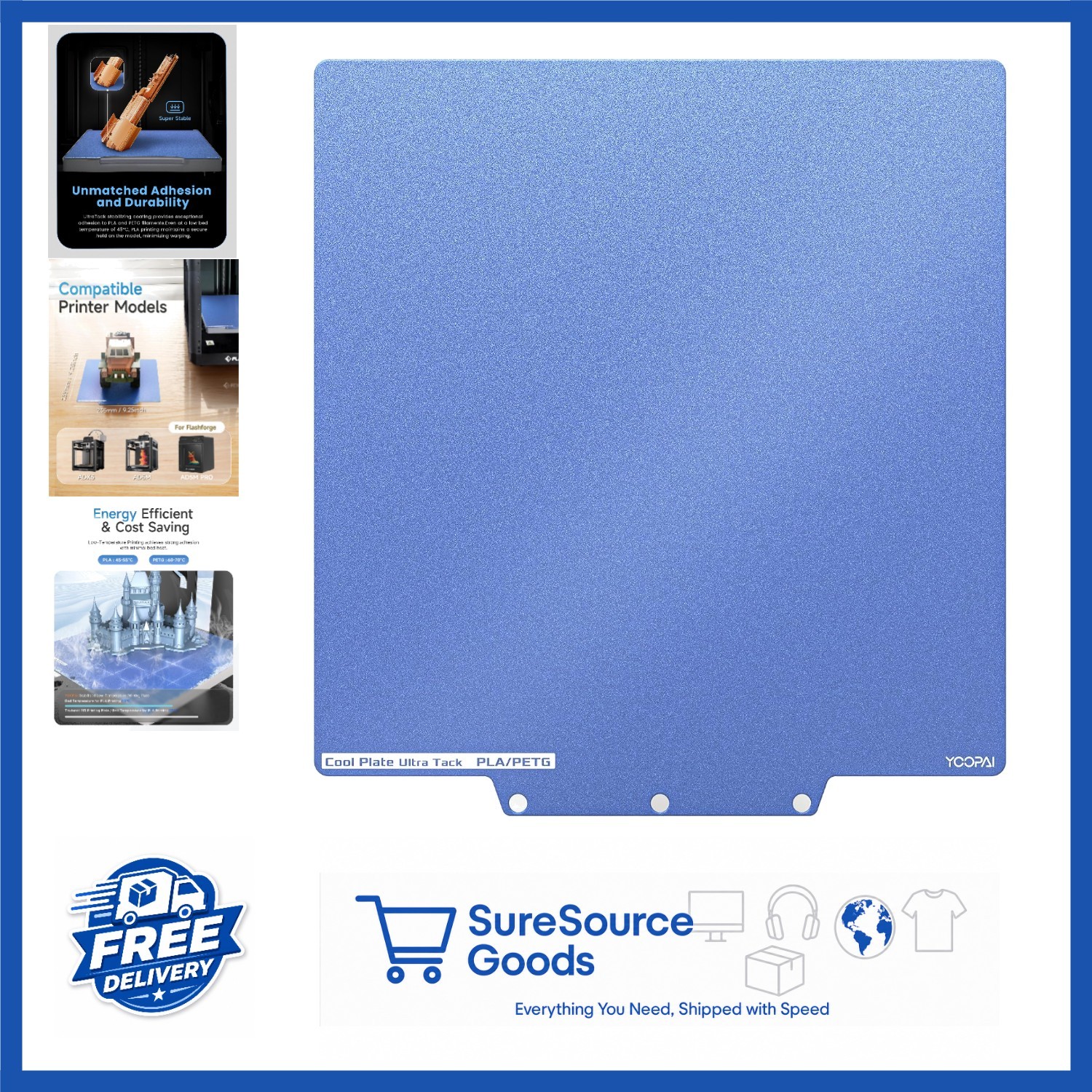 Durable Cold Build Plate for 3D Printing 235x235mm Blue Scratch-Resistant