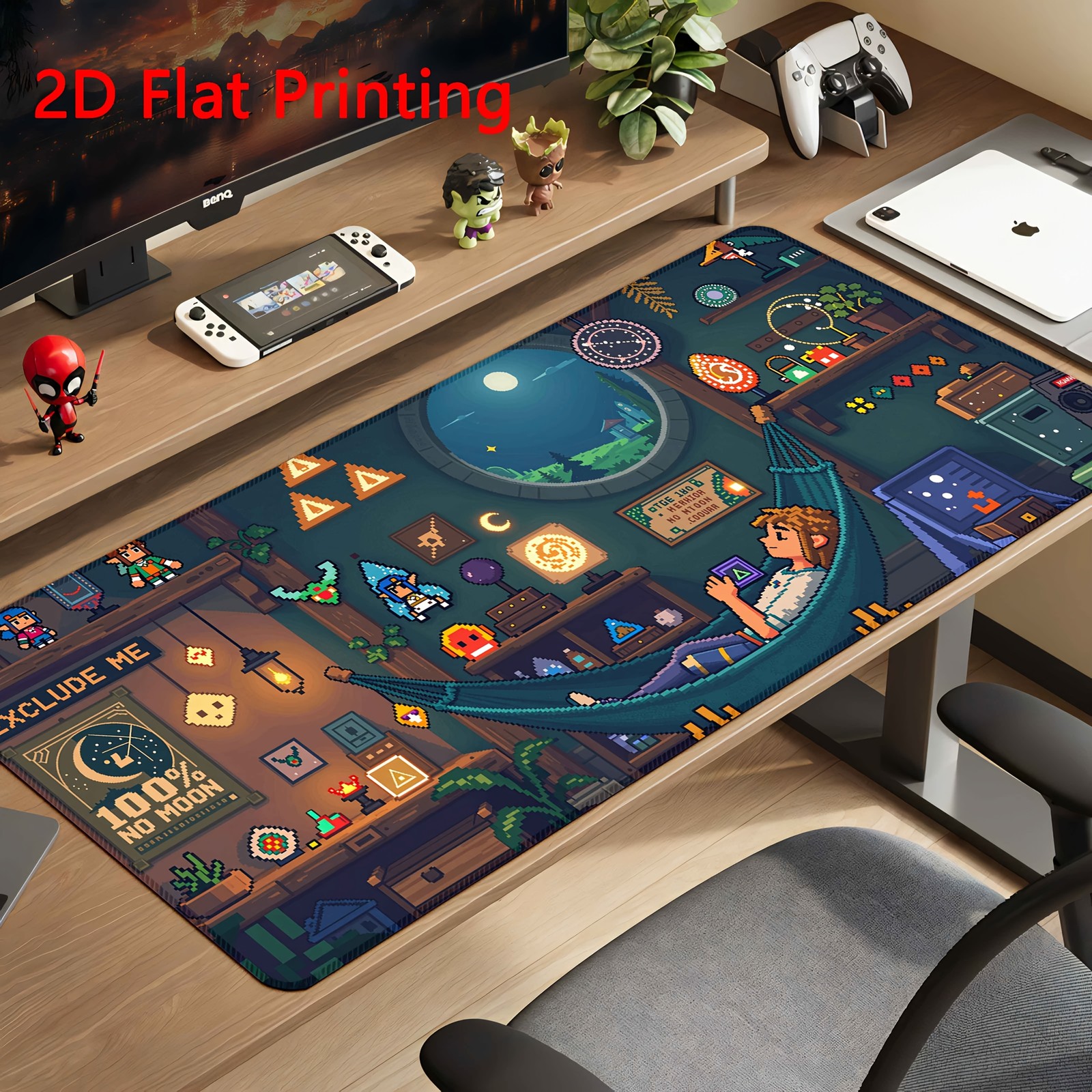 1pc Pixel Art Retro Game Room Decor Mouse Pad, Featuring Hammock and Moon View
