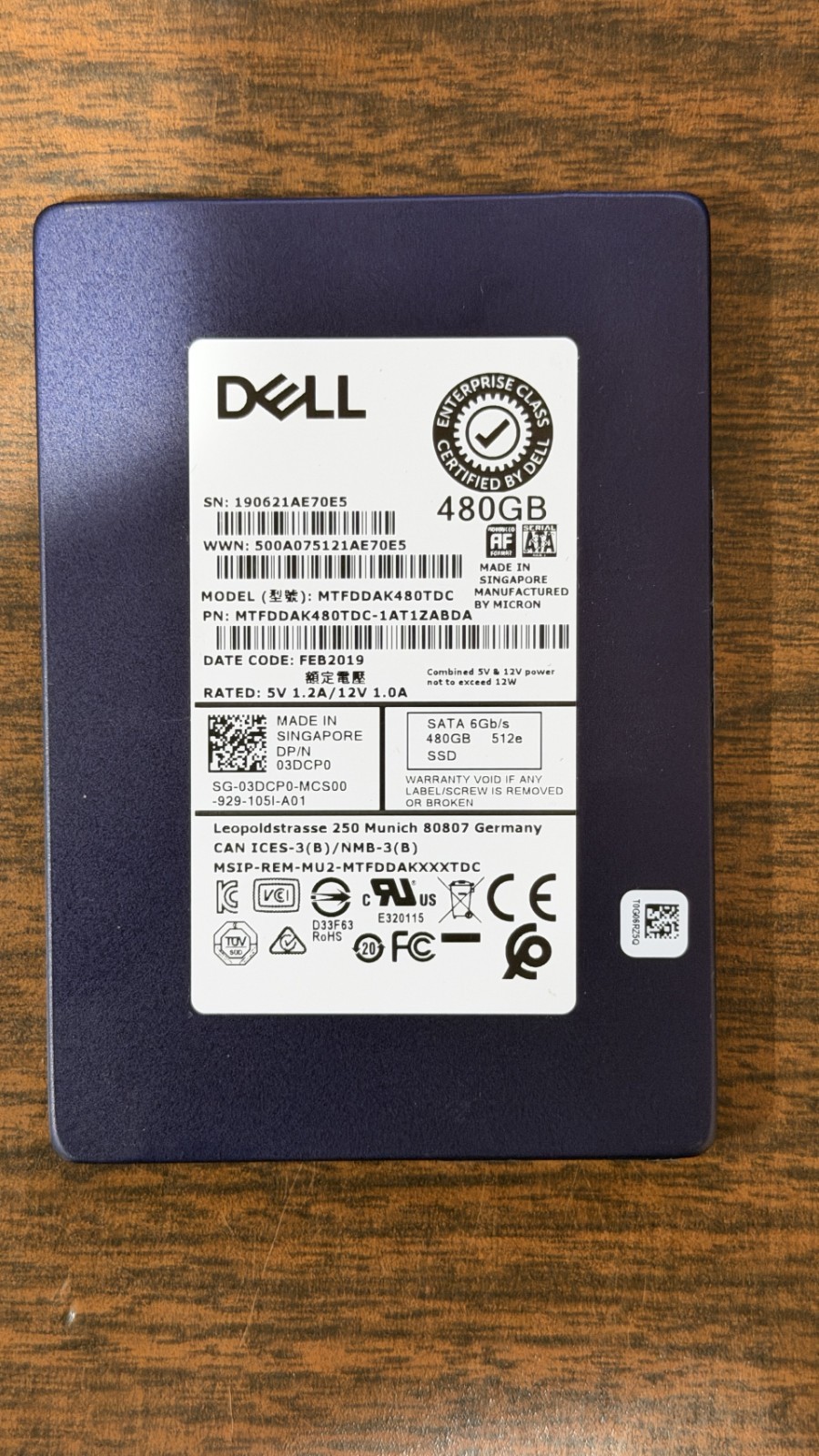 Dell 3DCP0 03DCP0 480GB 2.5" SATA 6Gb/s Read Intensive 512e MTFDDAK480TDC