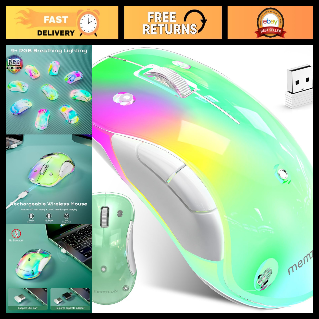 Rechargeable Ergonomic Wireless Mouse, 1400 DPI Optical, 5 Buttons, USB Receiver