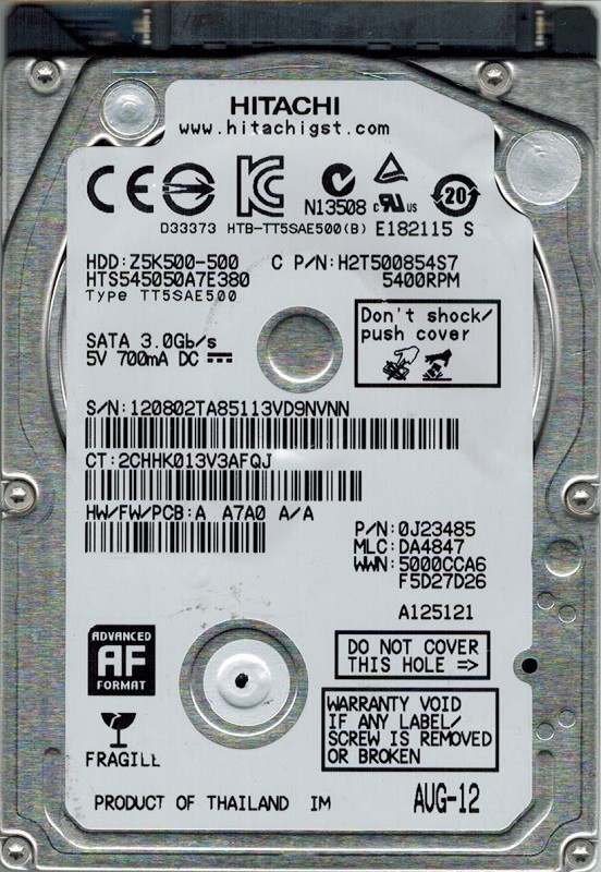Hitachi HTS545050A7E380 P/N: 0J23485 MLC: DA4847 500GB