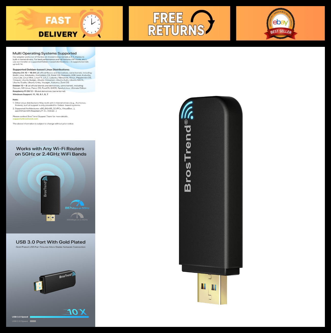 AC1200 Linux WiFi Adapter for PC - Compatible with Ubuntu, Mint, Kali, High-Spee