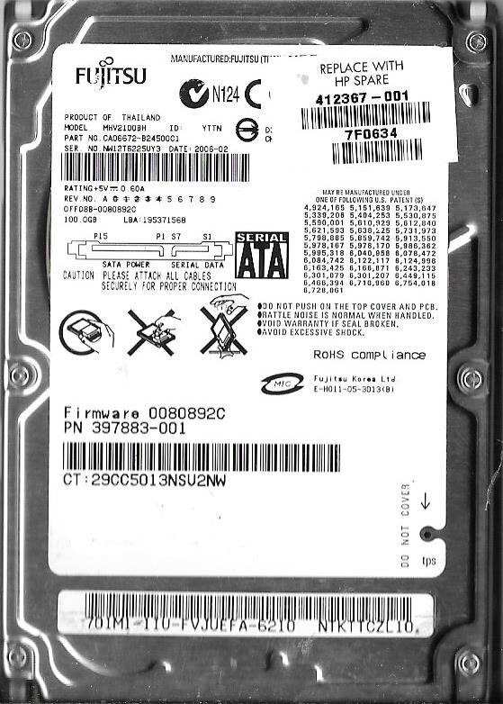 Fujitsu MHV2100BH 100GB Sata Hard Drive P/N: CA06672-B24500C1 F/W: 0080892C