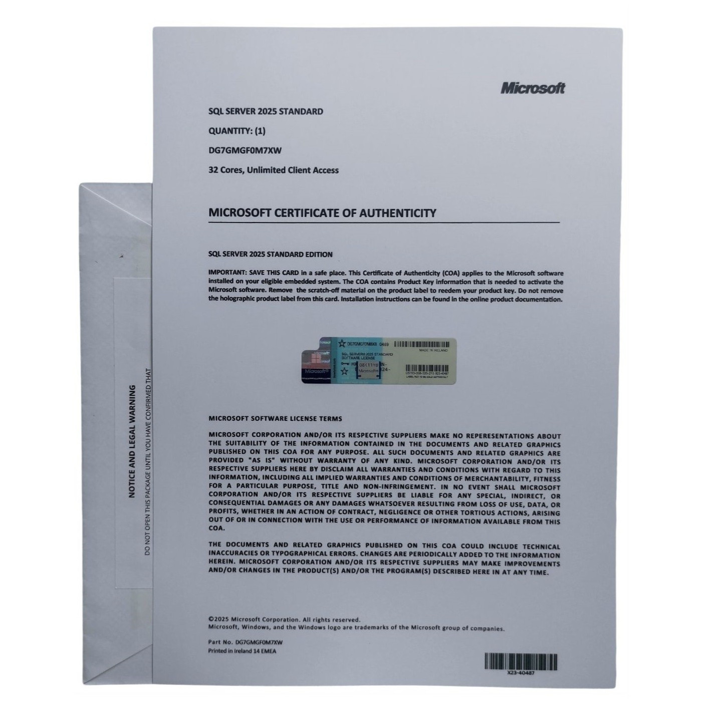 Microsoft SQL Server 2025 Standard 32 Core Unlimited User CALs CoA