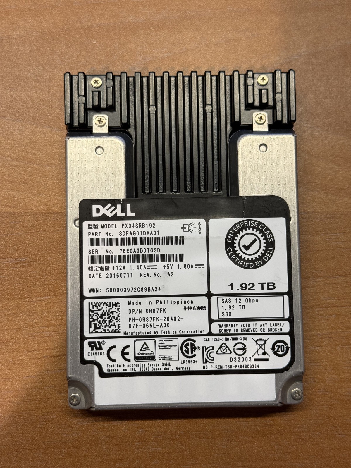 Toshiba PX04SRB192 1.92TB SAS 12Gb/s 2.5" Enterprise SSD Dell 0R87FK 90%+ Health