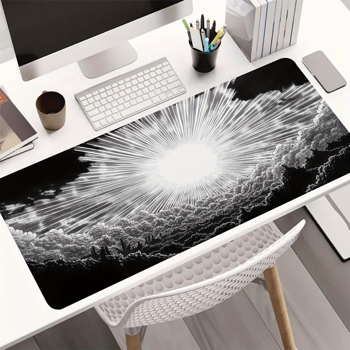 Large Black and White Radiant Sunburst Mouse Pad - Non-Slip Rubber Backing, Wa