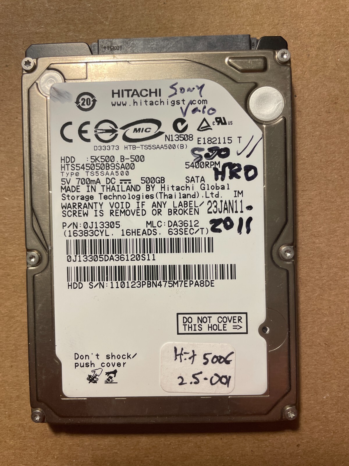 Hitachi 2.5 500G 5k500 B-500, HTS545050B9SA00, DOM: 23JAN11  -Tested Working