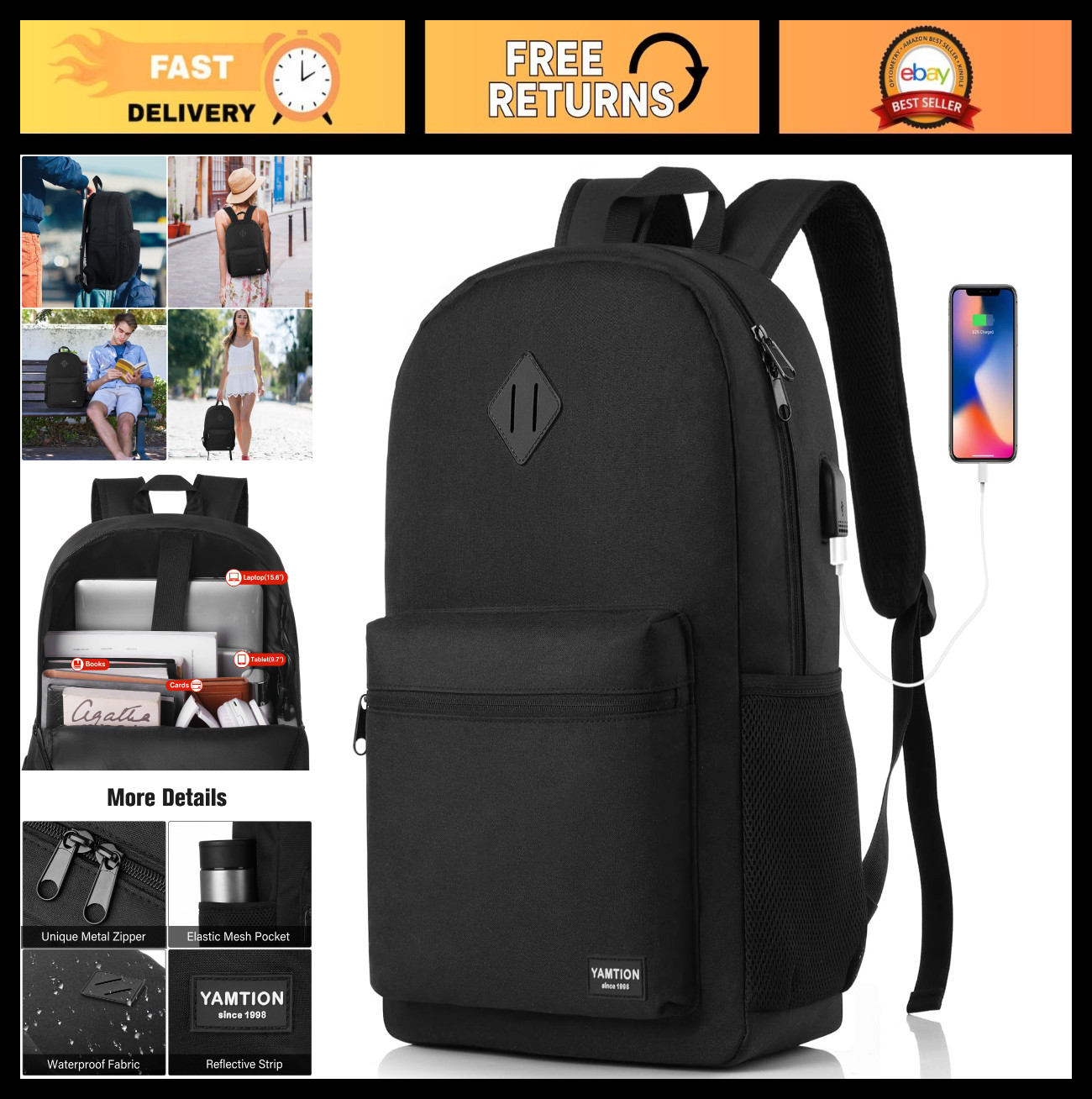 Stylish Black Backpack for Men & Women, 15.6" Laptop Bookbag with USB Charger, C