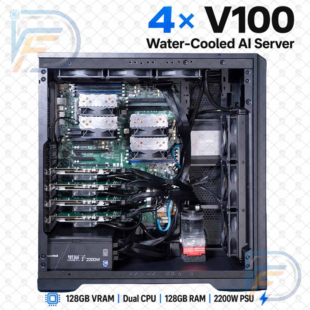 AI Server 4x NVIDIA V100 32GB Water Cooled GPU 128GB RAM Dual CPU 2200W