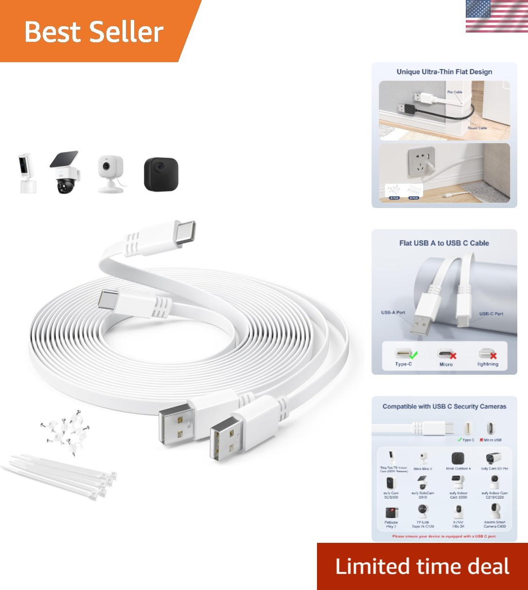 Dual Pack 30FT USB A to C Cable for Blink & Eufy Cameras - Reliable Power Supply