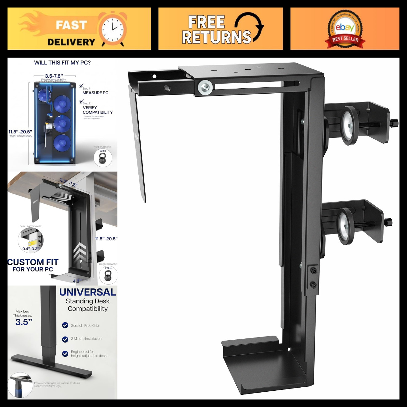 Clamp-On Desk Leg PC Mount - Adjustable Black Monitor Stand, Space-Saving Design