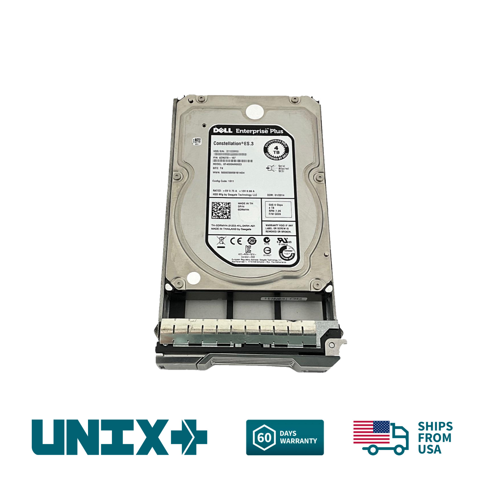 Dell DRMYH 4TB SAS 3.5in 6Gbps 7.2K RPM Hard Disk Drive w/ Caddy for Dell Server