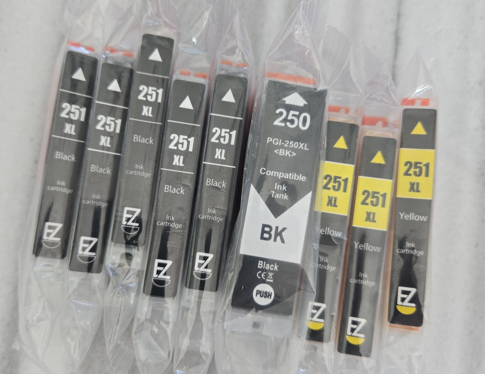 9 EZ Ink Cartridges 250 Black 251 XL Black & Yellow Sealed PGI-250XL