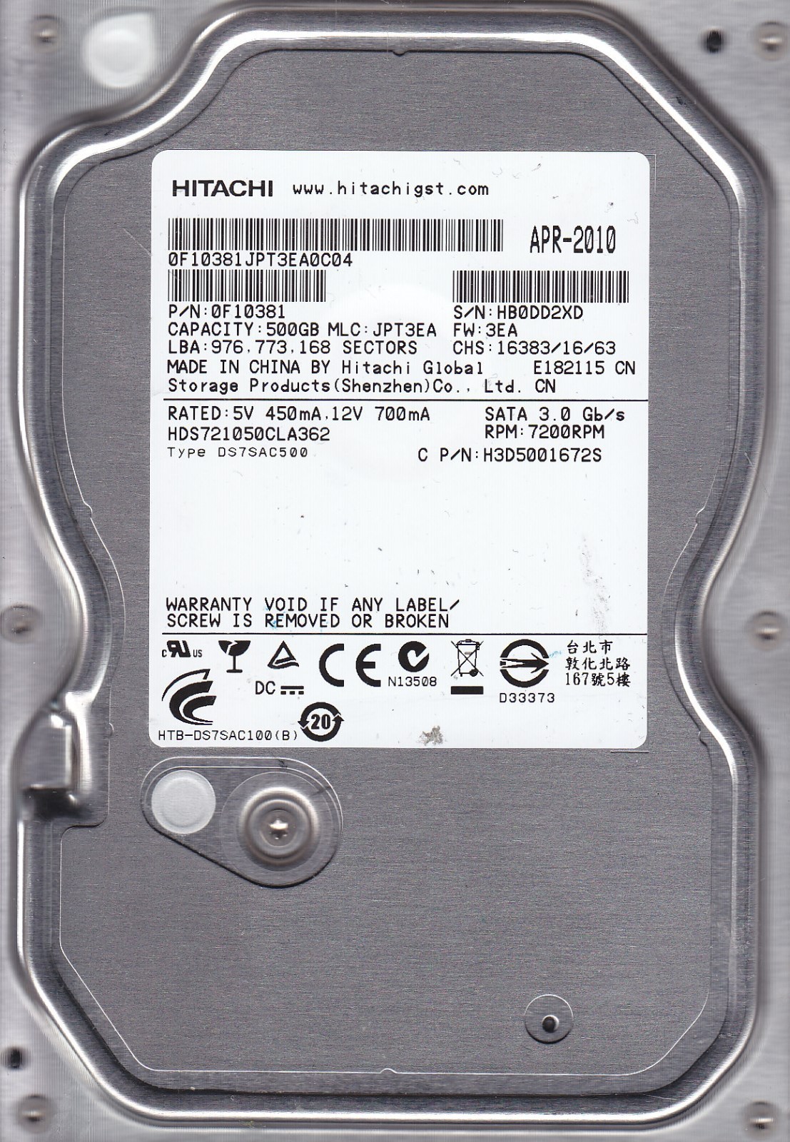 For Data Recovery HDS721050CLA362 p/n: 0F10381 mlc: JPT3EA Bad Sectors 414